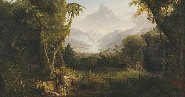 Beautiful landscape painting of mountains, forests, and a river in a serene setting.