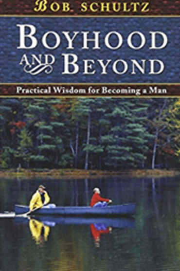 Book cover of 'Boyhood and Beyond' by Bob Schultz, featuring two people canoeing on a lake.