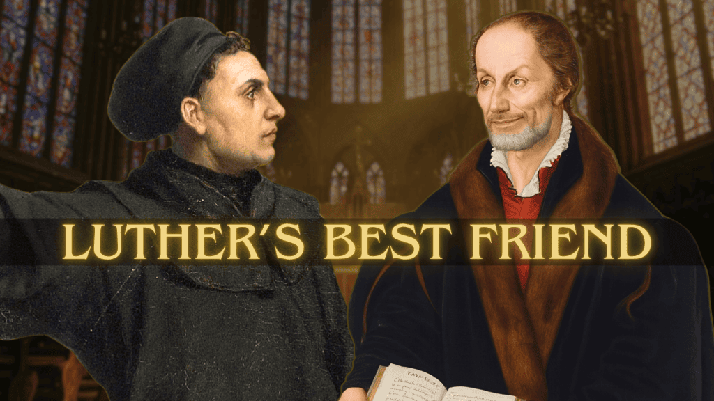 Portrait of Martin Luther and Philip Melanchthon in a historic church setting.