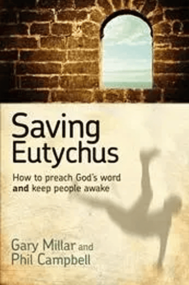 Book cover titled 'Saving Eutychus' with a silhouette of a person falling from a window.