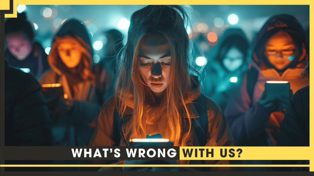 Young woman using smartphone at night with others in background.