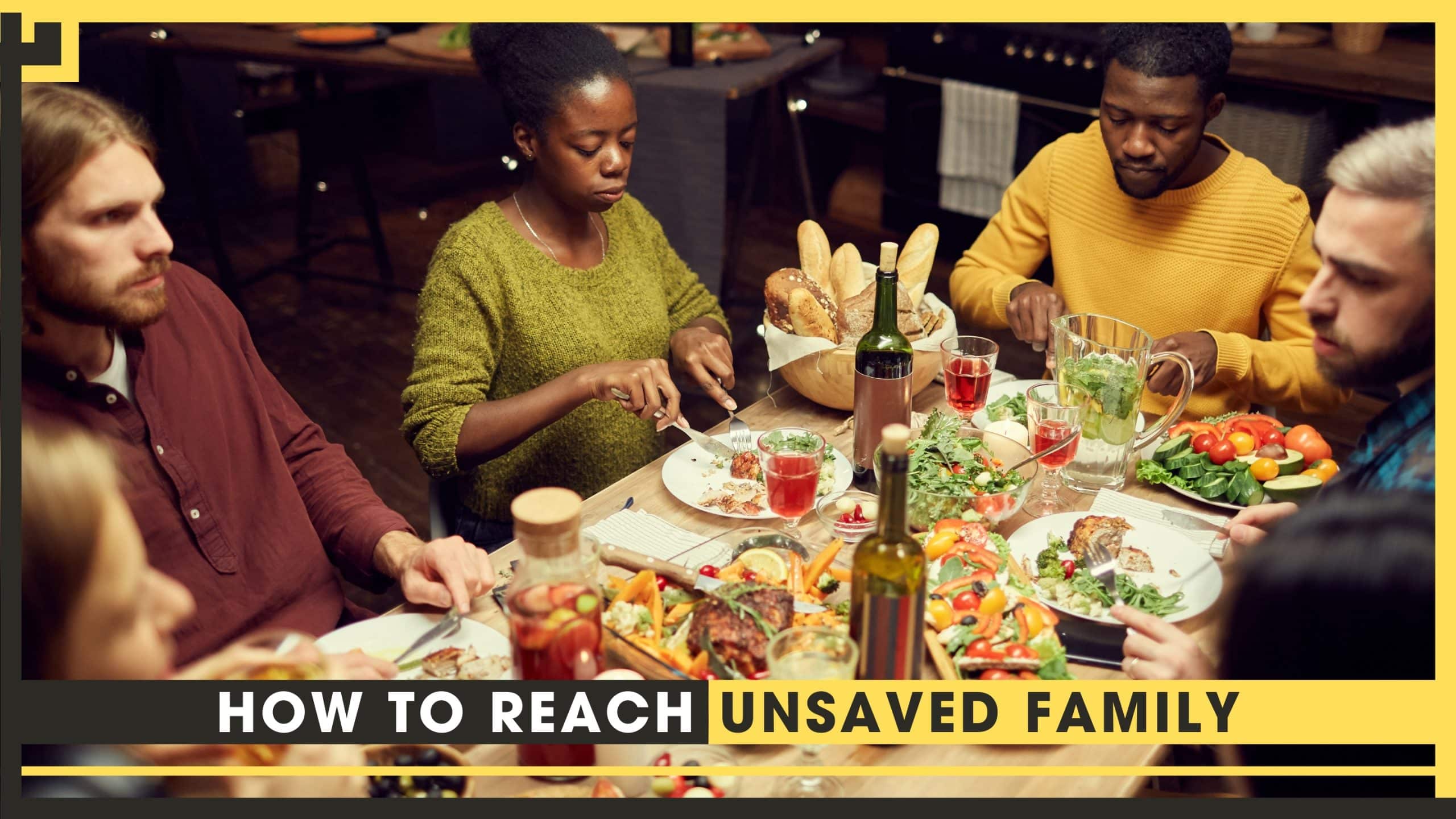 Diverse family gathered around dinner table for a meal, promoting family connection.