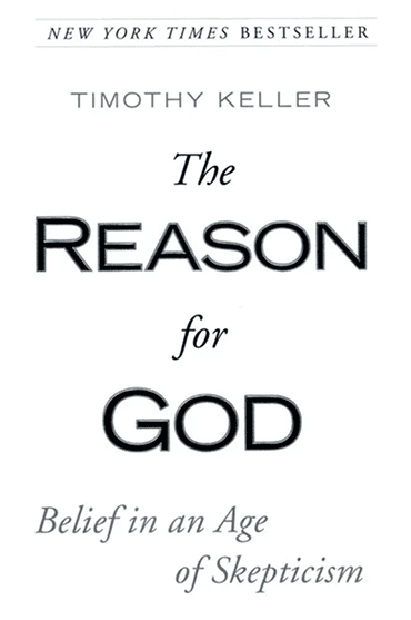 Book cover of 'The Reason for God' by Timothy Keller, featuring a white background and black text.