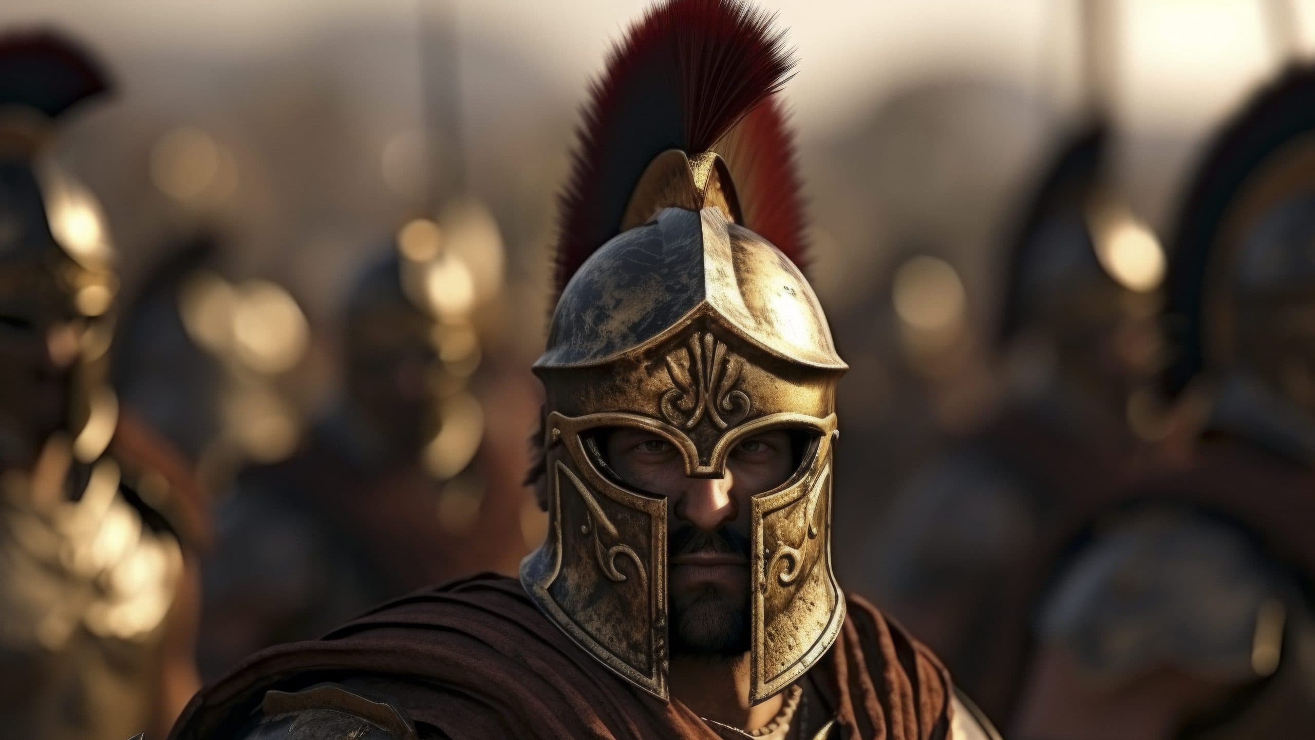 Ancient Greek warrior wearing a bronze helmet with a red crest.