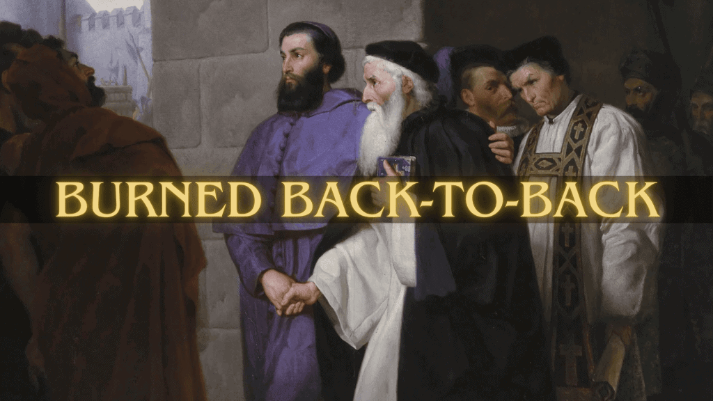 Historical scene with religious figures and a burning backdrop.