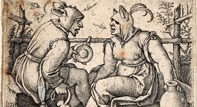 Humorous medieval illustration of a man and a woman in animal costumes talking.