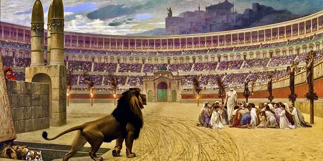 Ancient Roman Colosseum filled with spectators and performers.