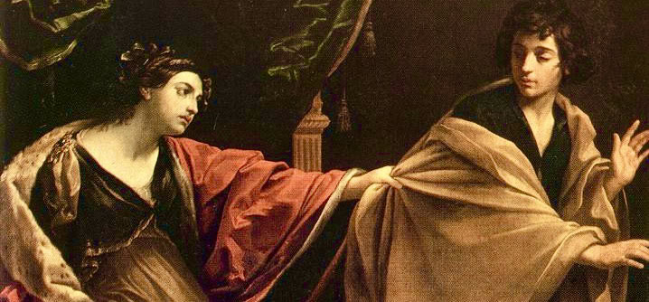 Classical painting of two women and a man in historical attire.
