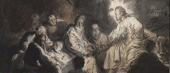 Jesus teaching his disciples in a historical painting scene.