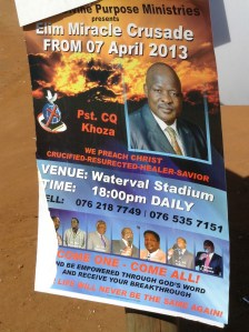 Event poster for Miracle Crusade with speaker Pst. Cq Khoza at Waterval Stadium.