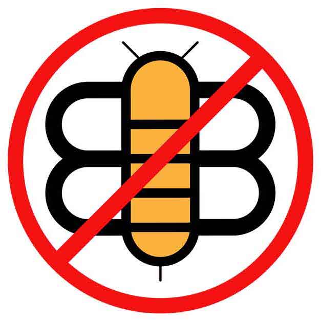 Prohibition sign over a bee icon indicating no bees or pesticides.