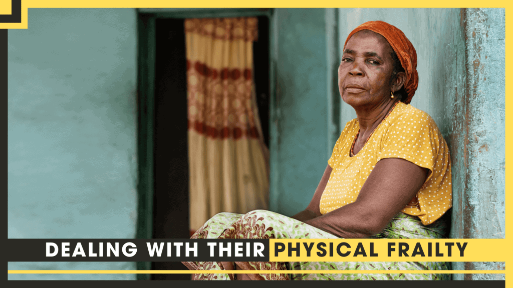 Elderly woman sitting outside her home, reflecting on aging and health.
