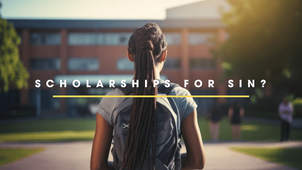 Student with backpack looking at campus during sunset for scholarships.