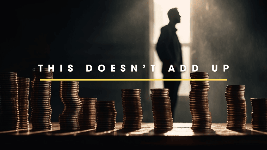 Silhouette of a man with stacks of coins symbolizing financial challenges and hope.