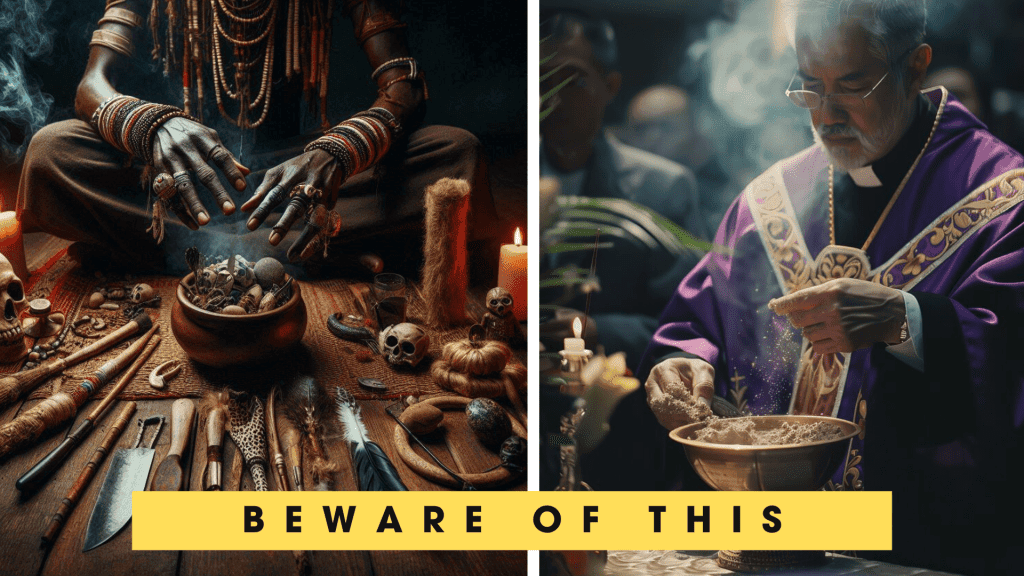 Traditional ancestor worship rituals with offerings and ceremonial attire.