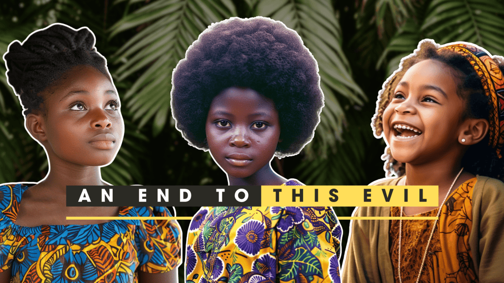 Three African girls with diverse hairstyles and traditional clothing in a lush green setting.