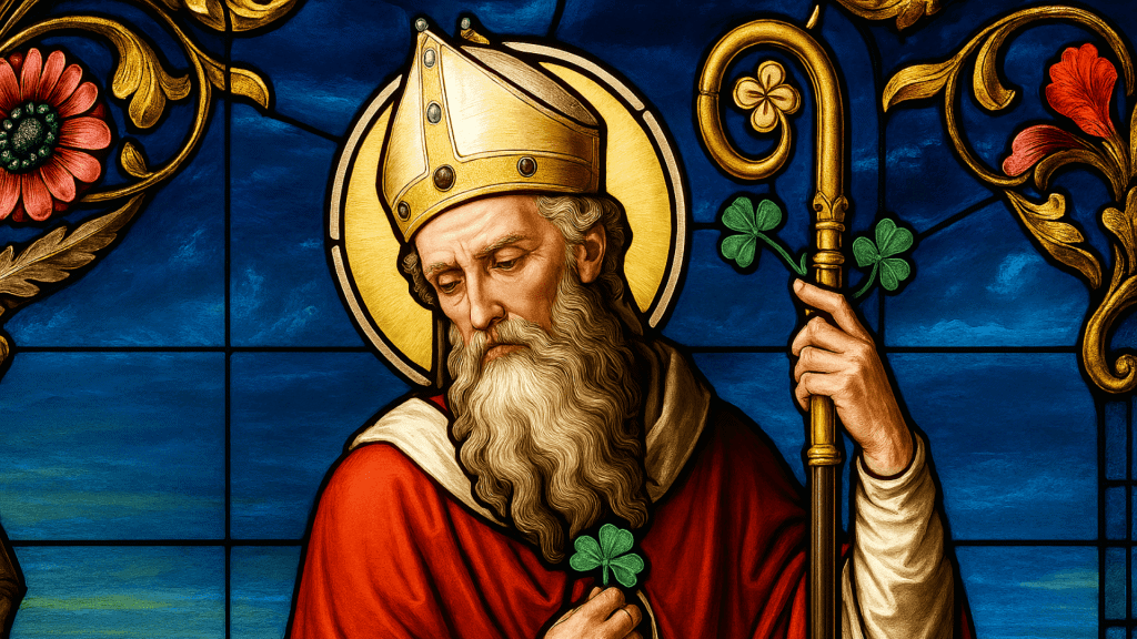 Stained glass depiction of a saint with a golden halo and staff.