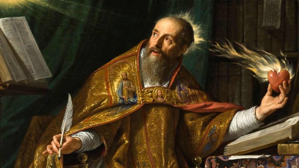 Saint Augustine holding a flaming heart and a quill in a historical setting.