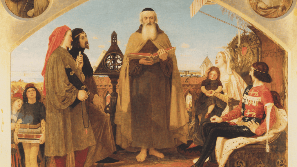 Historical scene depicting Wycliffe reproving a group of medieval figures.