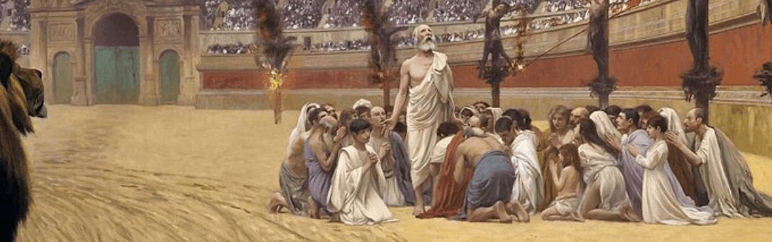 Painting of early Christians in the Roman arena with a lion