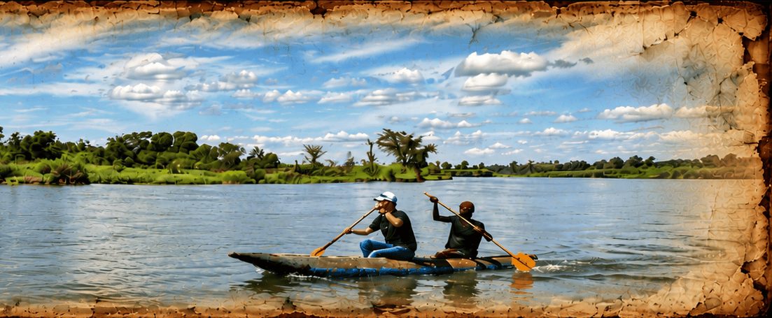 Two men paddling a dugout canoe on a wide African river